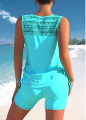 Lace Patchwork Cyan Cross Strap Tankini Set | thumb picture 