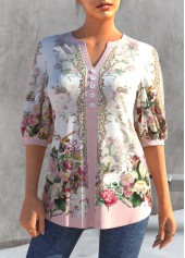 Split Neck Light Pink Floral Print Blouse