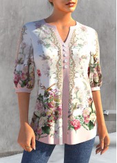 Split Neck Light Pink Floral Print Blouse | thumb picture 
