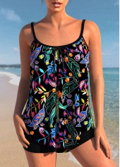 Floral Print Black Spaghetti Strap Tankini Top-No Bottom | picture 1