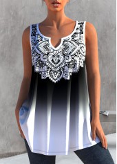 Tribal Print Ombre White Split Neck Tank Top