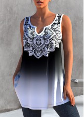 Tribal Print Ombre White Split Neck Tank Top | thumb picture 