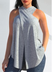 Cross Halter Grey Sleeveless Tank Top | thumb picture 