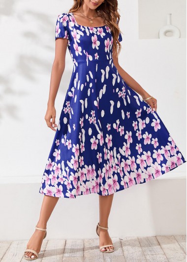 Navy Blue Floral Print Square Collar Dress  -  2nd 10%, 3rd 20%, 4th 40%