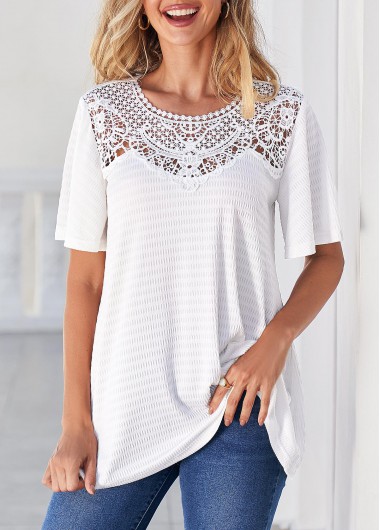 White Lace Patchwork Short Sleeve T Shirt | modlily.com - USD 17.98