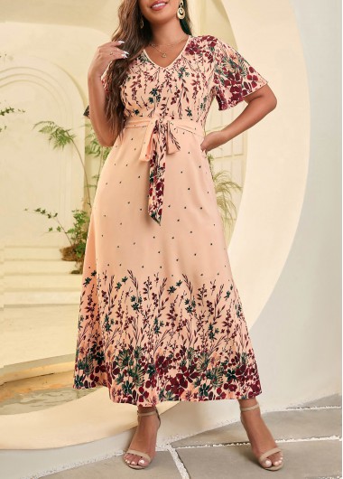 Modlily Plus Size Apricot Belted Floral Print Dress - XL