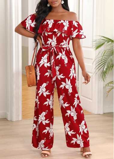 Red Belted Off Shoulder Floral Print Jumpsuit     2nd 10%, 3rd 20%, 4th 40%