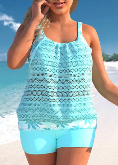 women clothes image of Plus Size Lace Stitching Leaf Print Cyan Tankini Set