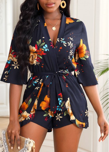 Navy Blue Floral Print Belted Flare Sleeve Romper     2nd 10%, 3rd 20%, 4th 40%