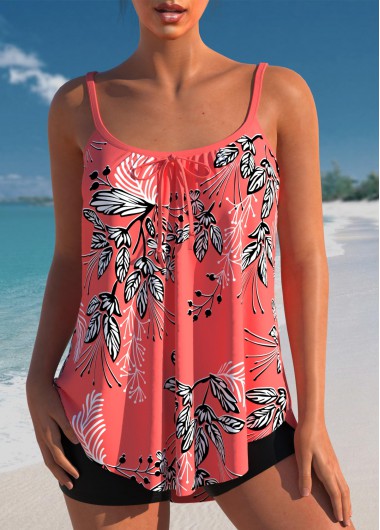 Modlily Bowknot Leaf Print Coral Red Tankini Top - M