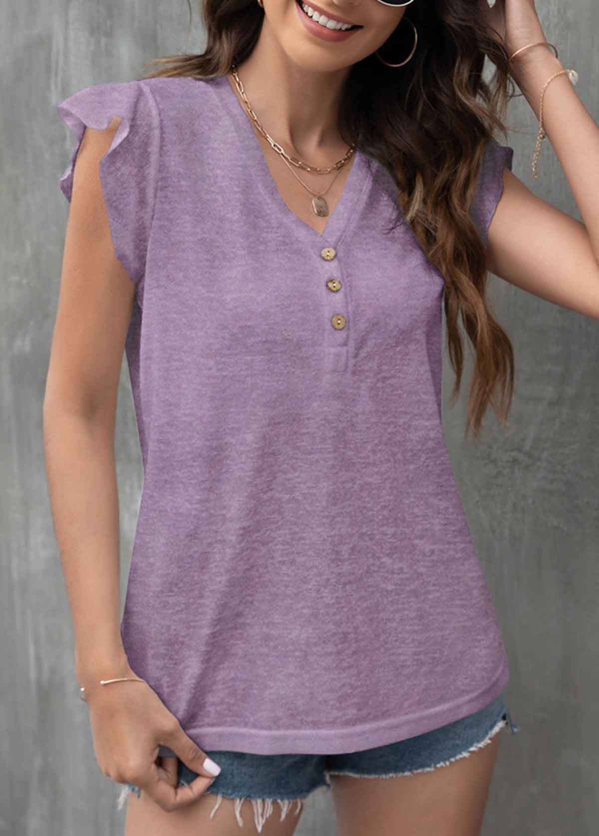 Dusty Purple Button Detail Flounce T Shirt