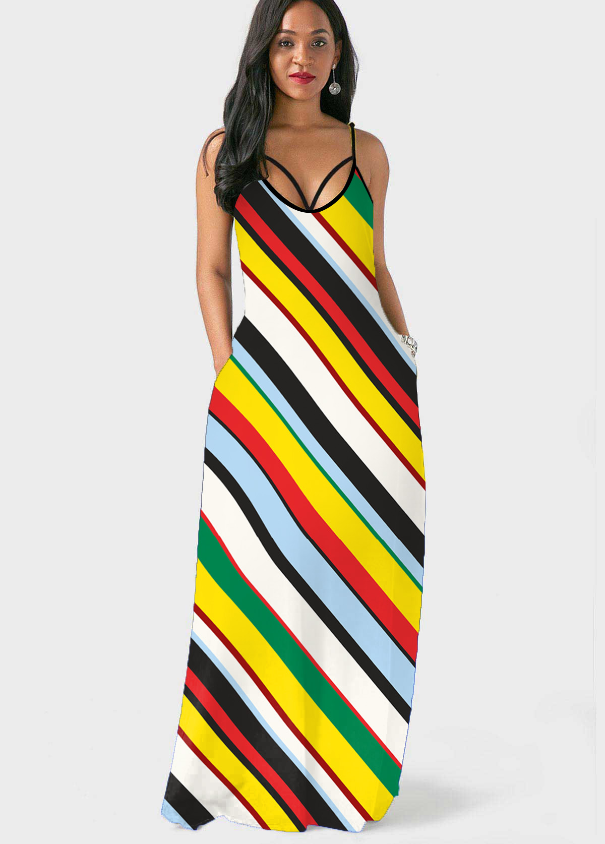 Rainbow Stripe Spaghetti Strap Double Side Pocket Dress