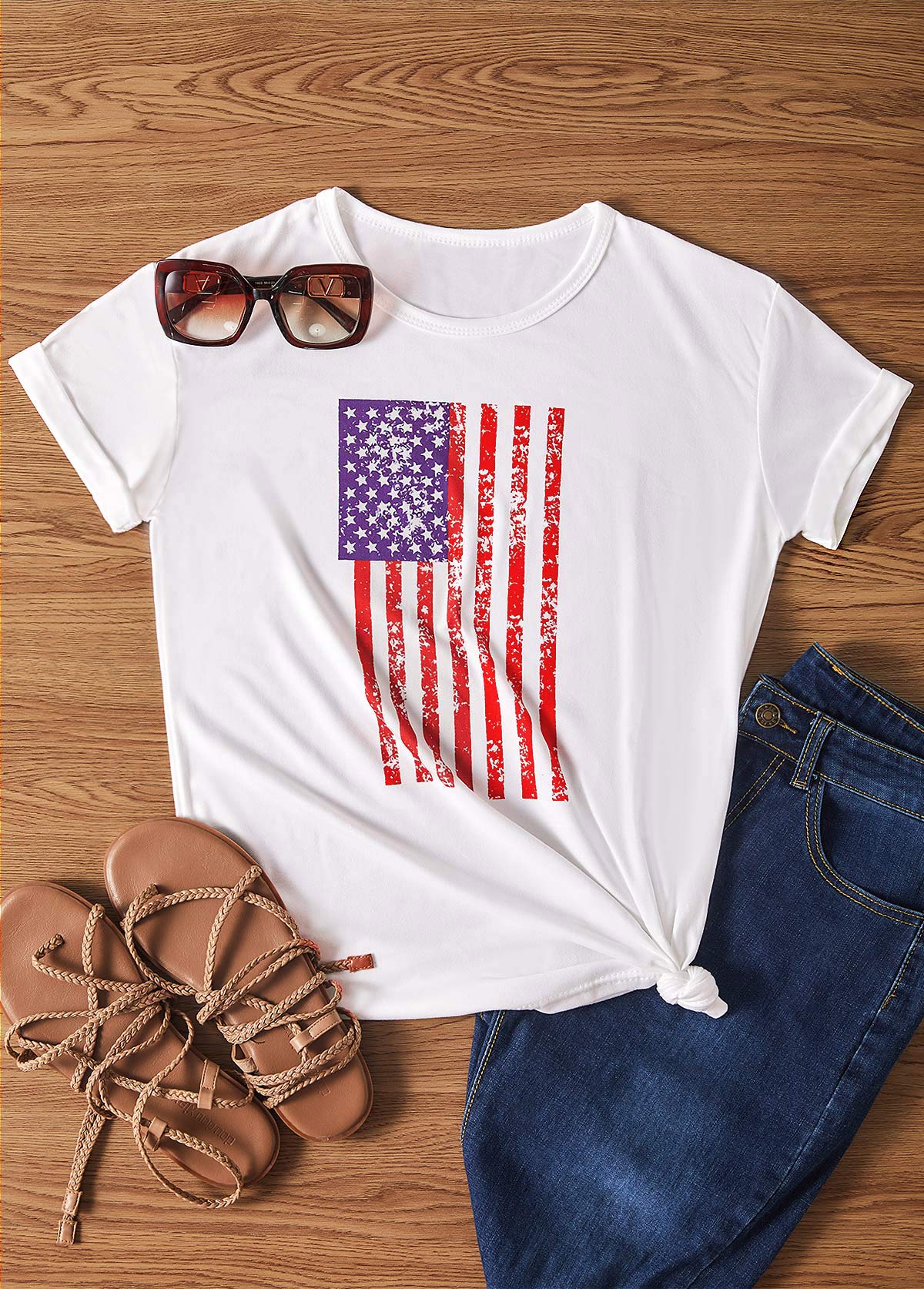 American Flag Print Short Sleeve White T Shirt