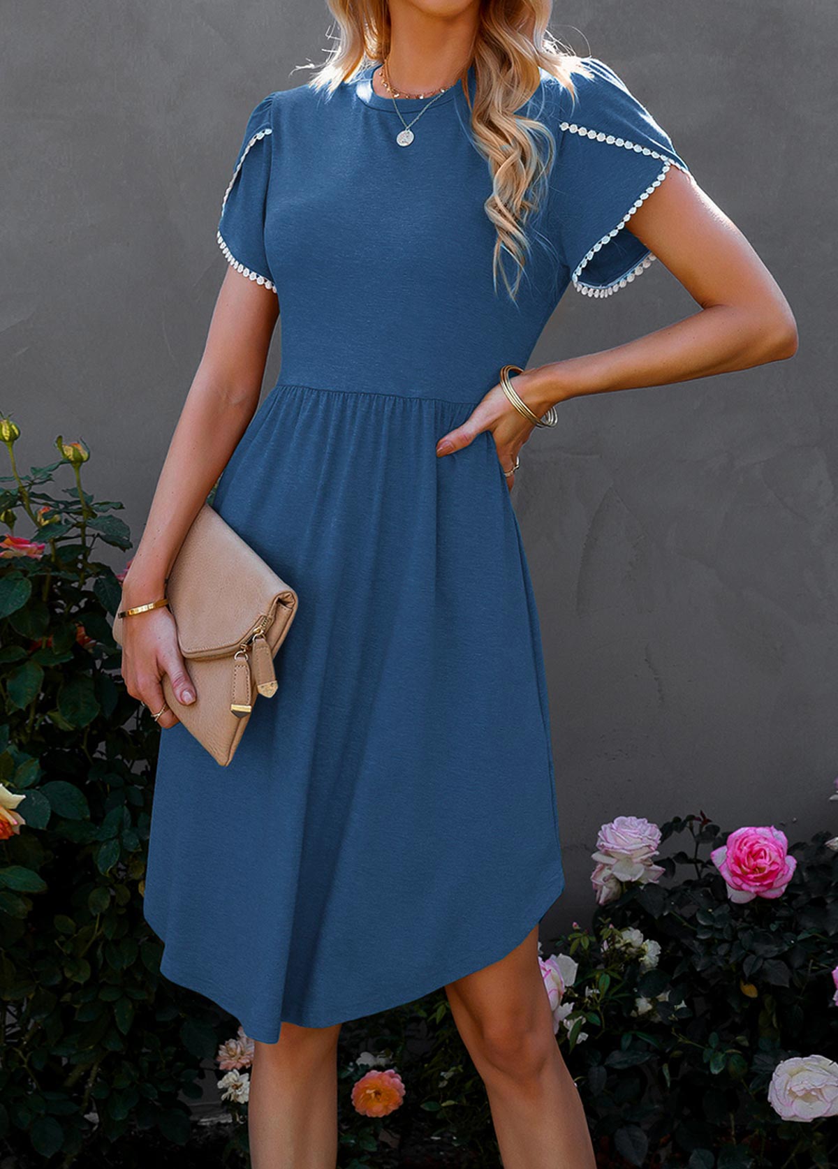 Blue Lace Stitching Petal Sleeve Dress