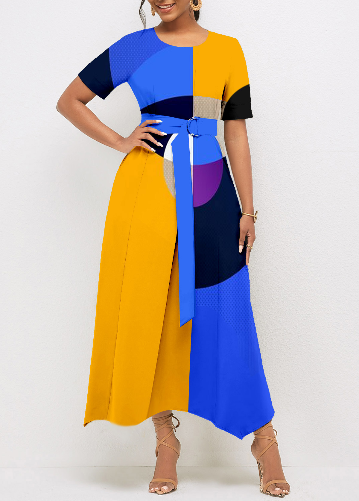 Geometric Print Color Block Belted Dress