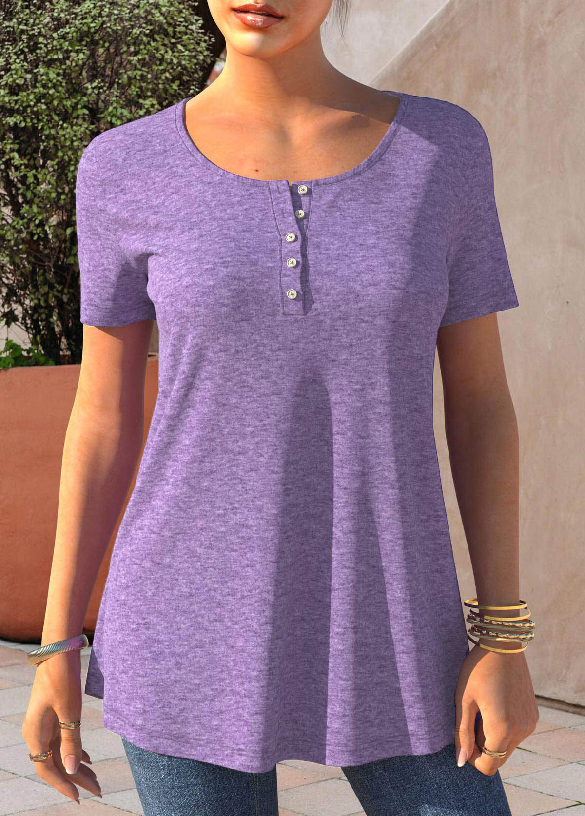 Short Sleeve Light Purple Button Detail T Shirt