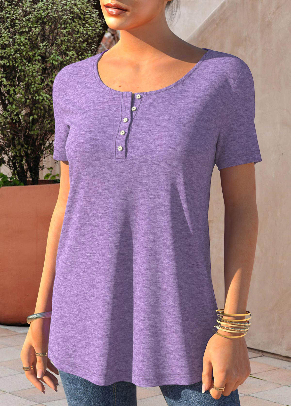 Short Sleeve Light Purple Button Detail T Shirt