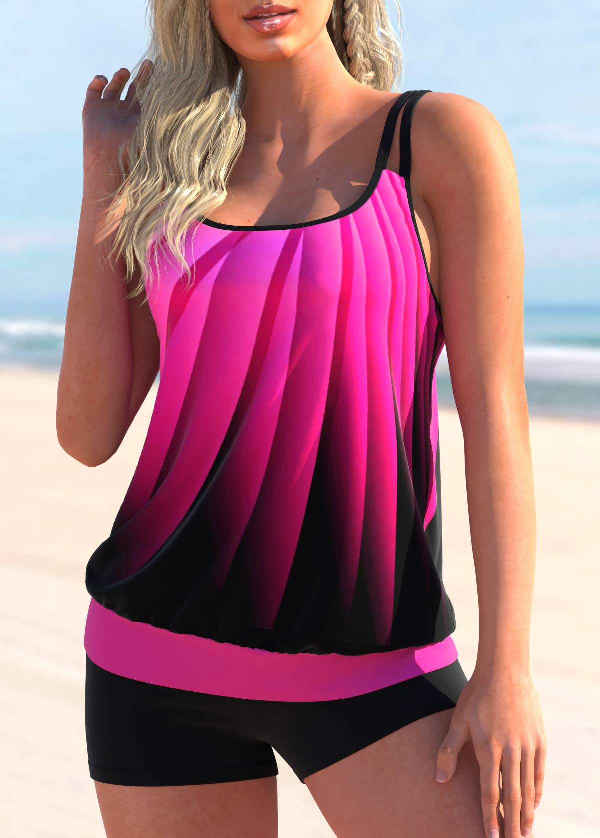 Ombre Hot Pink Double Straps Tankini Set