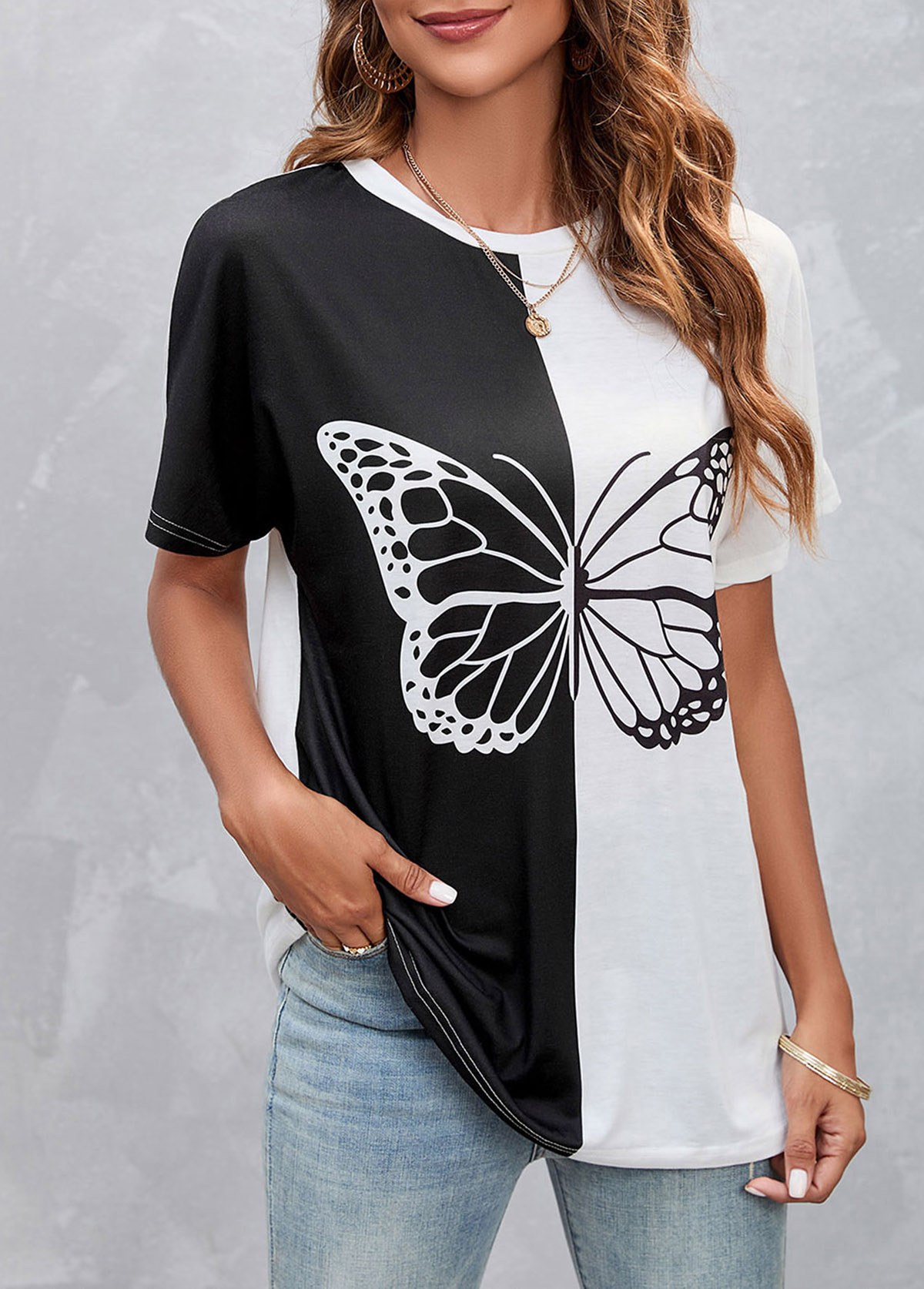 White Butterfly Print Contrast T Shirt