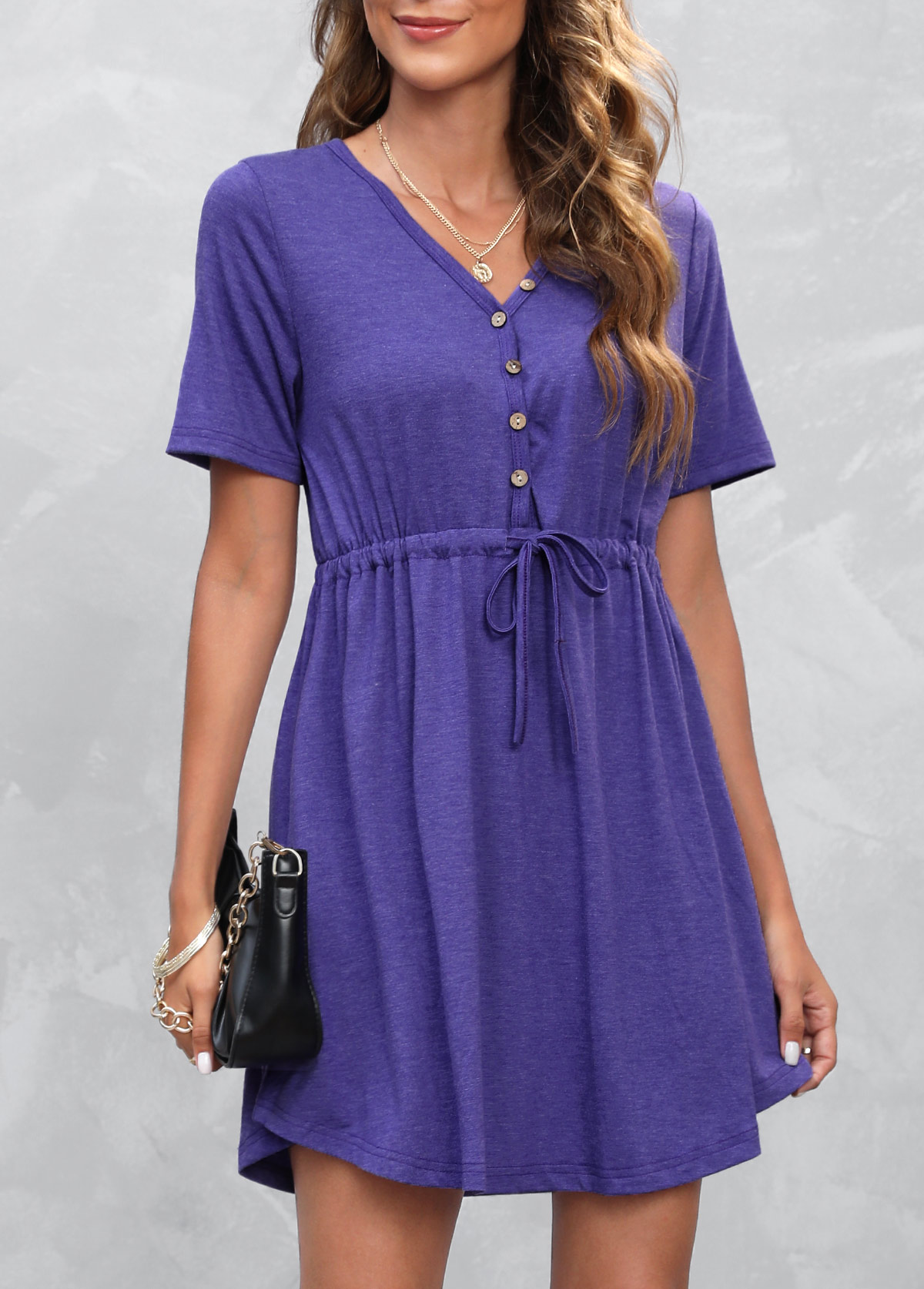 Lavender Decorative Button V Neck Dress