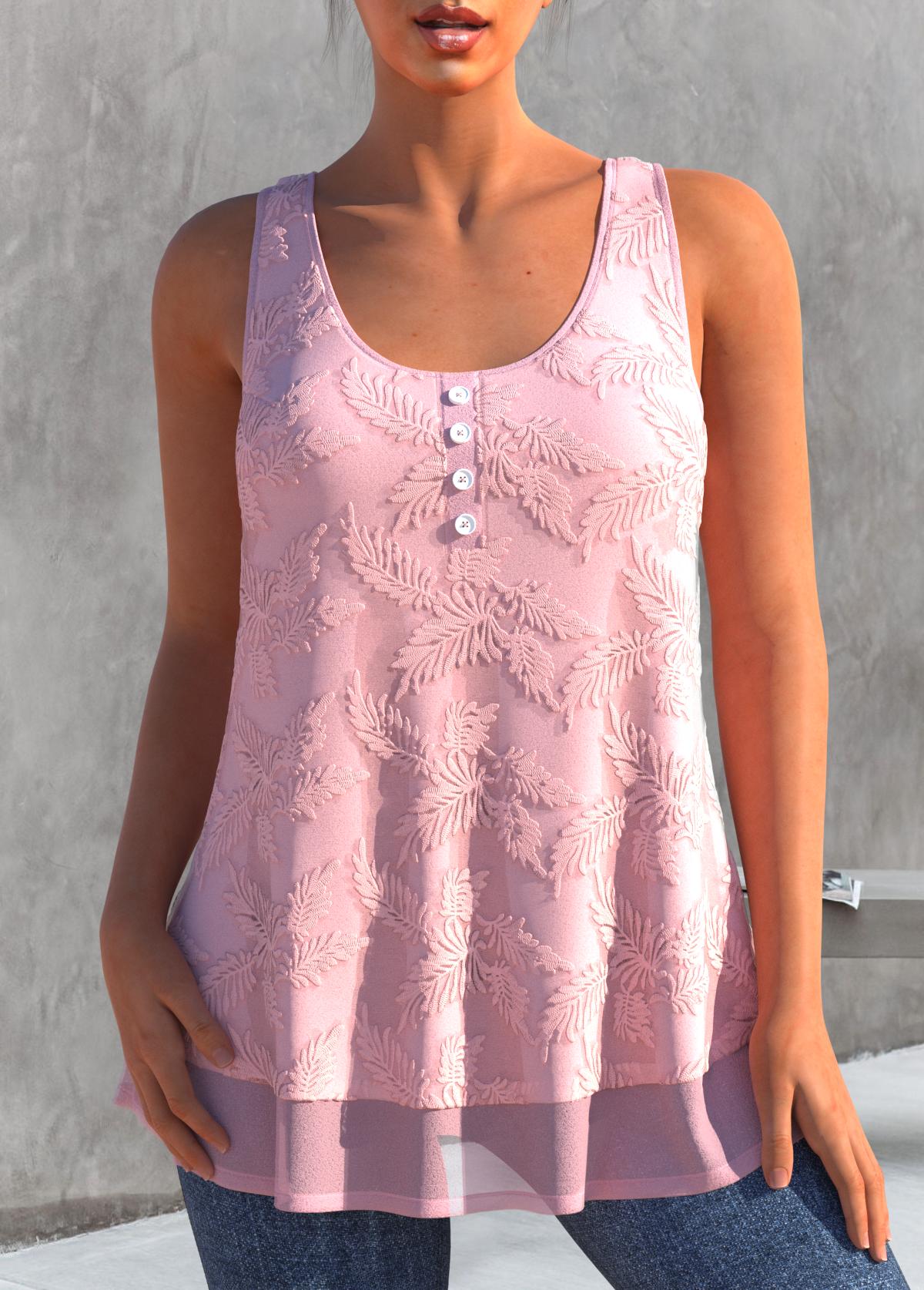 Light Pink Embroidered Decorative Button Tank Top