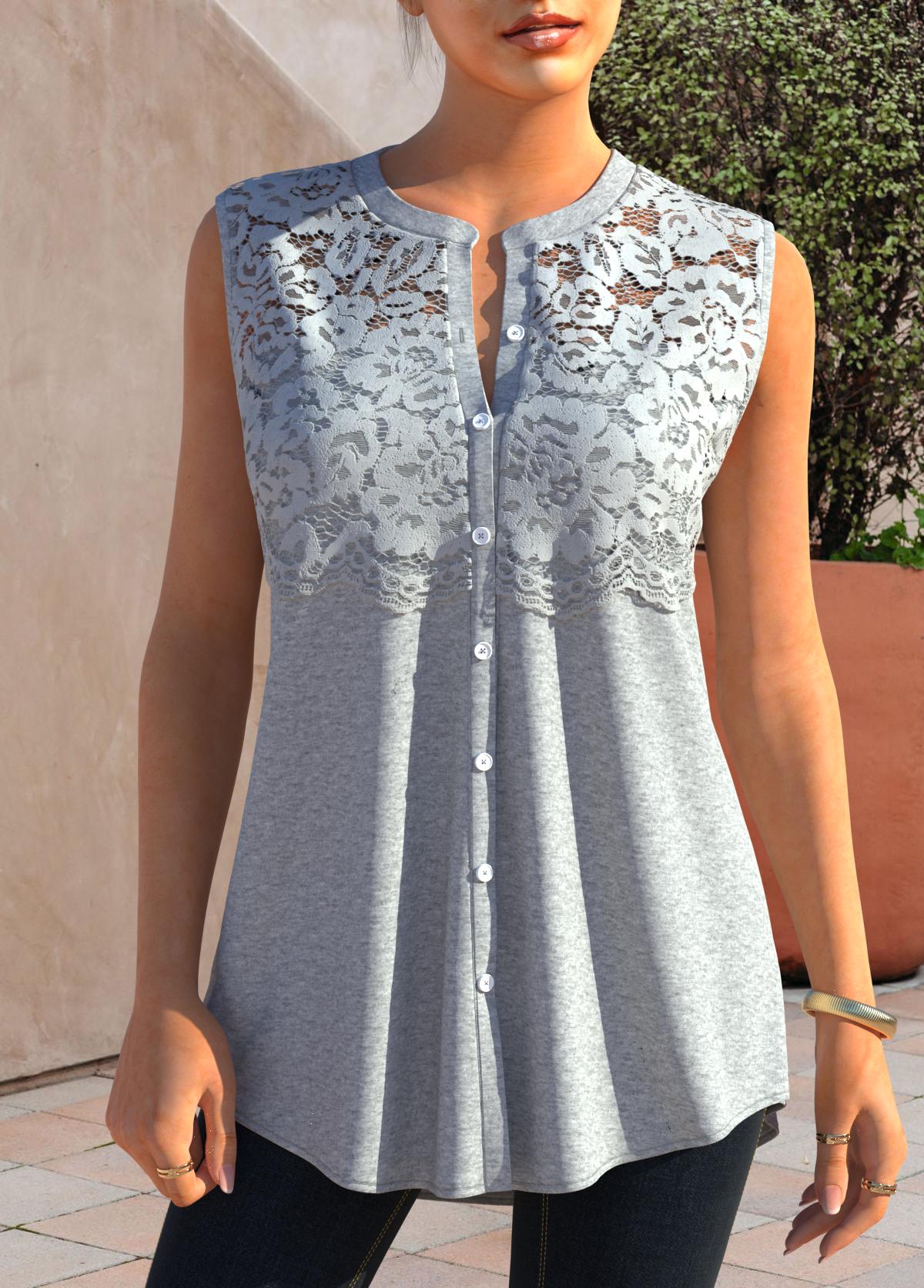 Grey Marl Lace Stitching Button Detail Tank Top