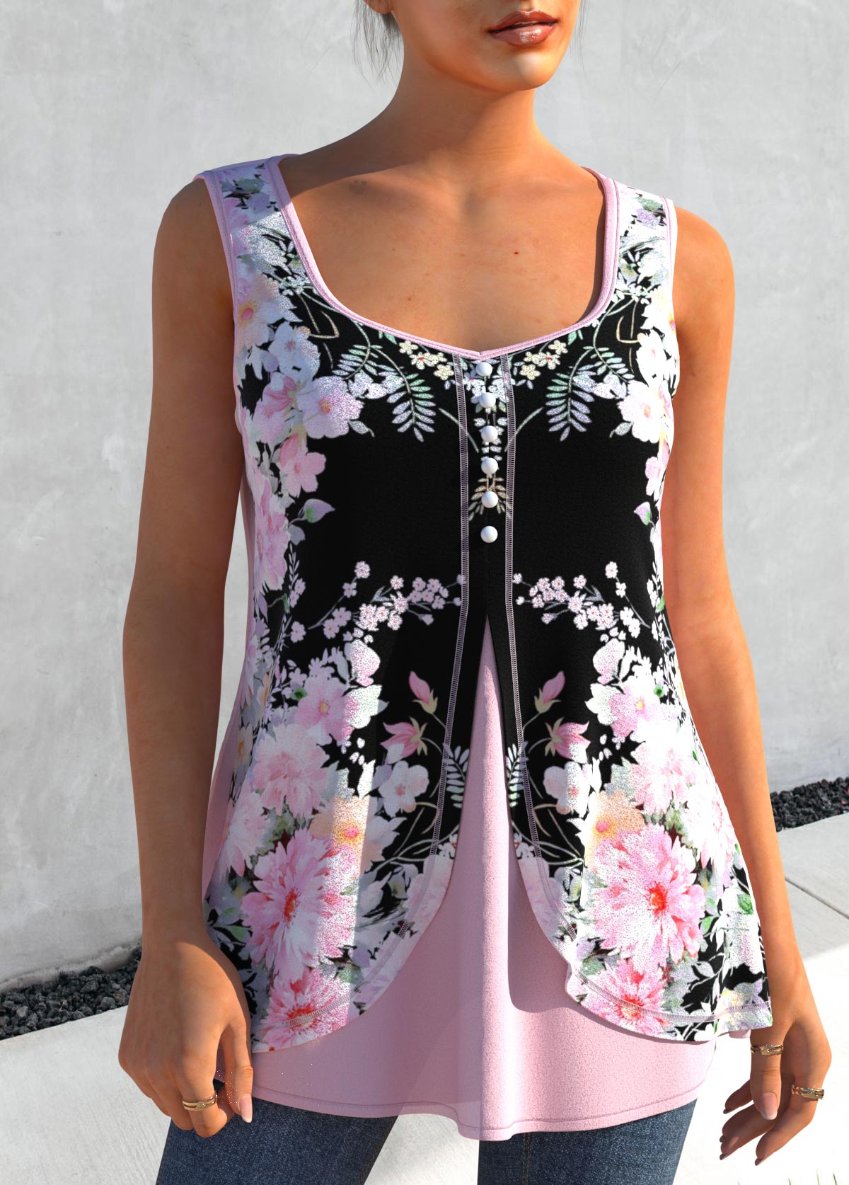 Light Pink Faux Two Piece Floral Print Tank Top