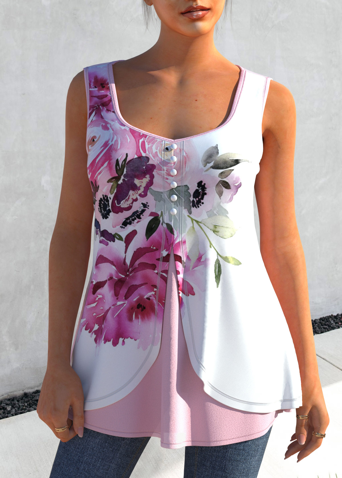 Faux Two Piece Light Pink Floral Print Tank Top