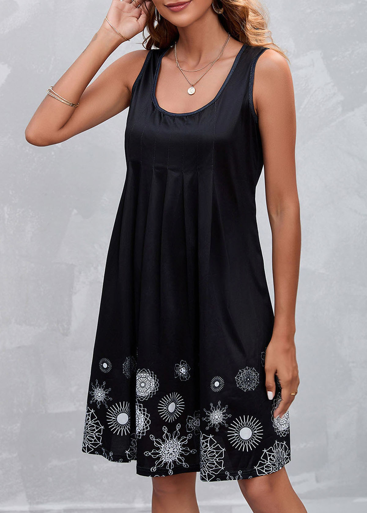 Geometric Print Black Sleeveless Dress