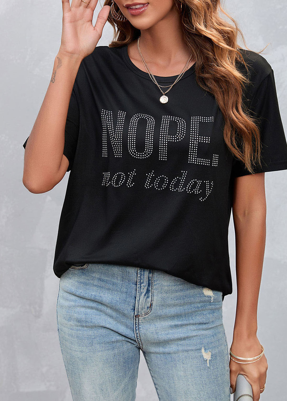 Hot Drilling Letter Design Black T Shirt | picture 