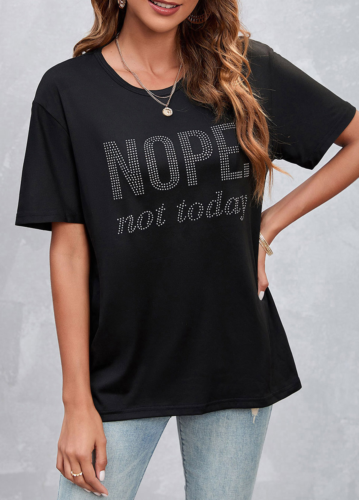 Hot Drilling Letter Design Black T Shirt | picture 