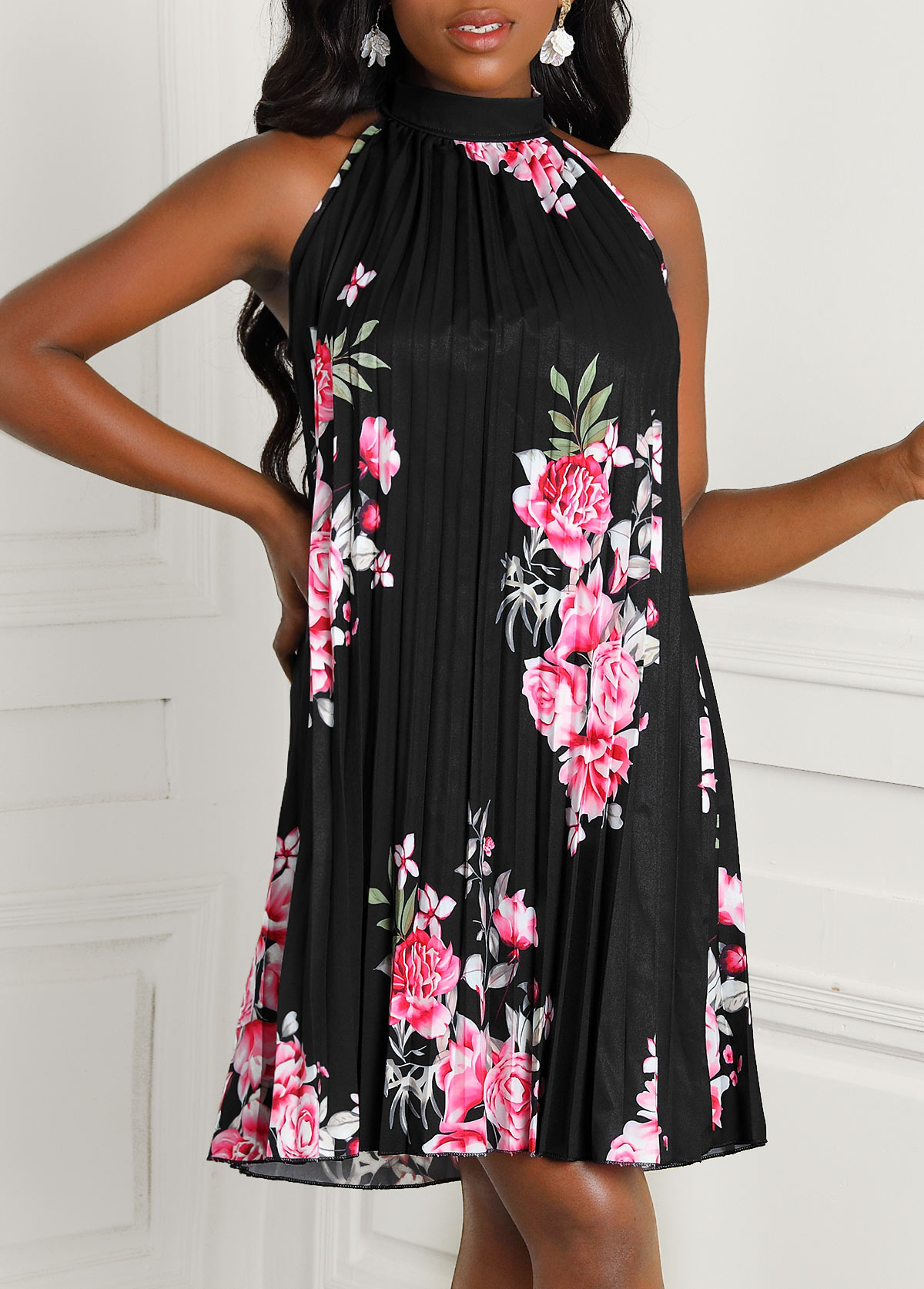 Black Sleeveless Floral Print Bib Neck Dress