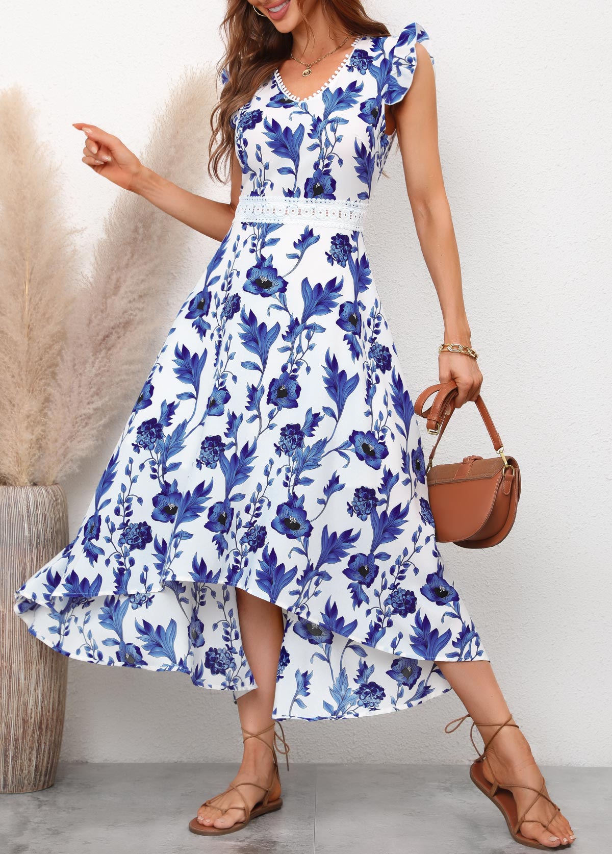 Lace Stitching Ruffle Sleeve Floral Print Blue Dress