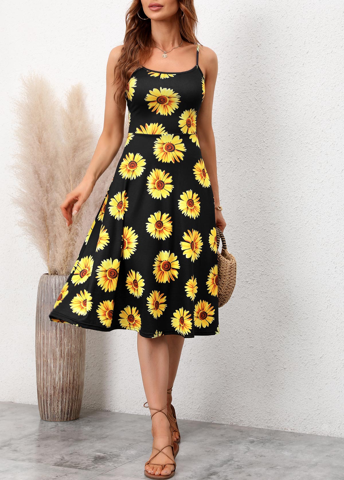 Sunflower Print Spaghetti Strap Black Dress