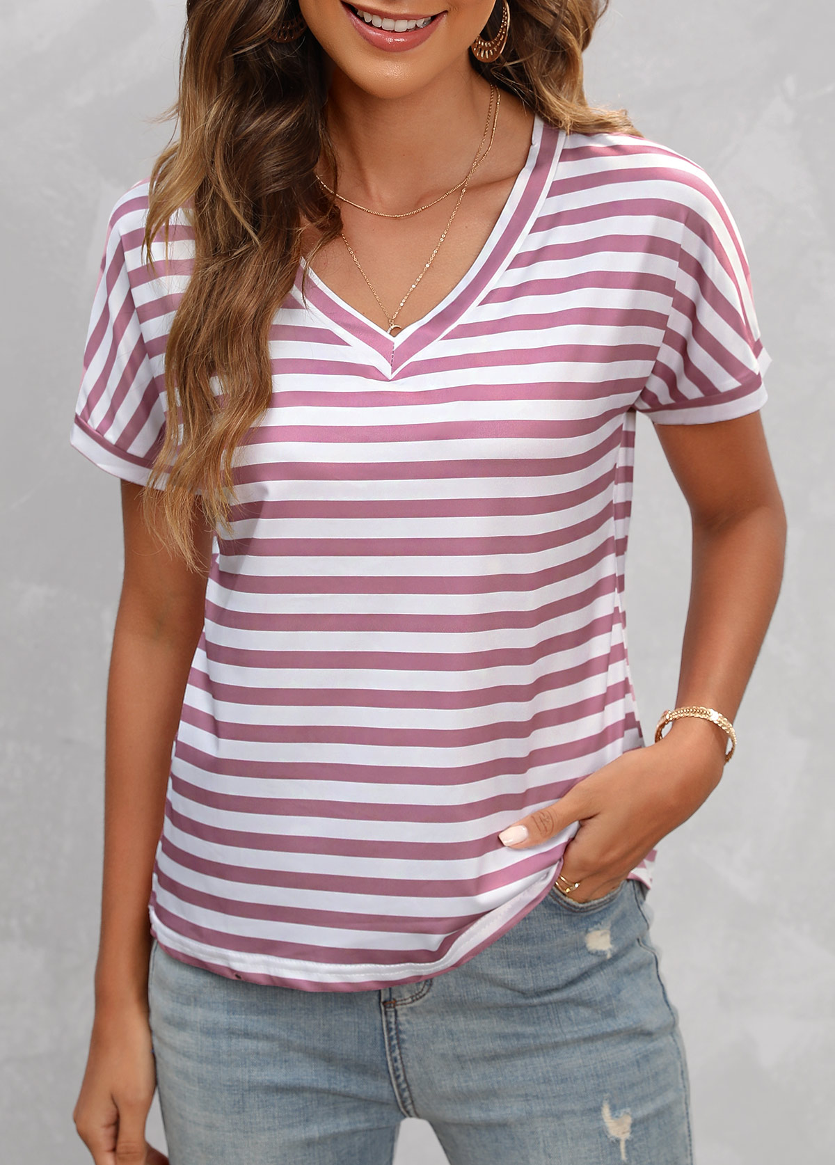 Pink Striped Short Sleeve V Neck T Shirt