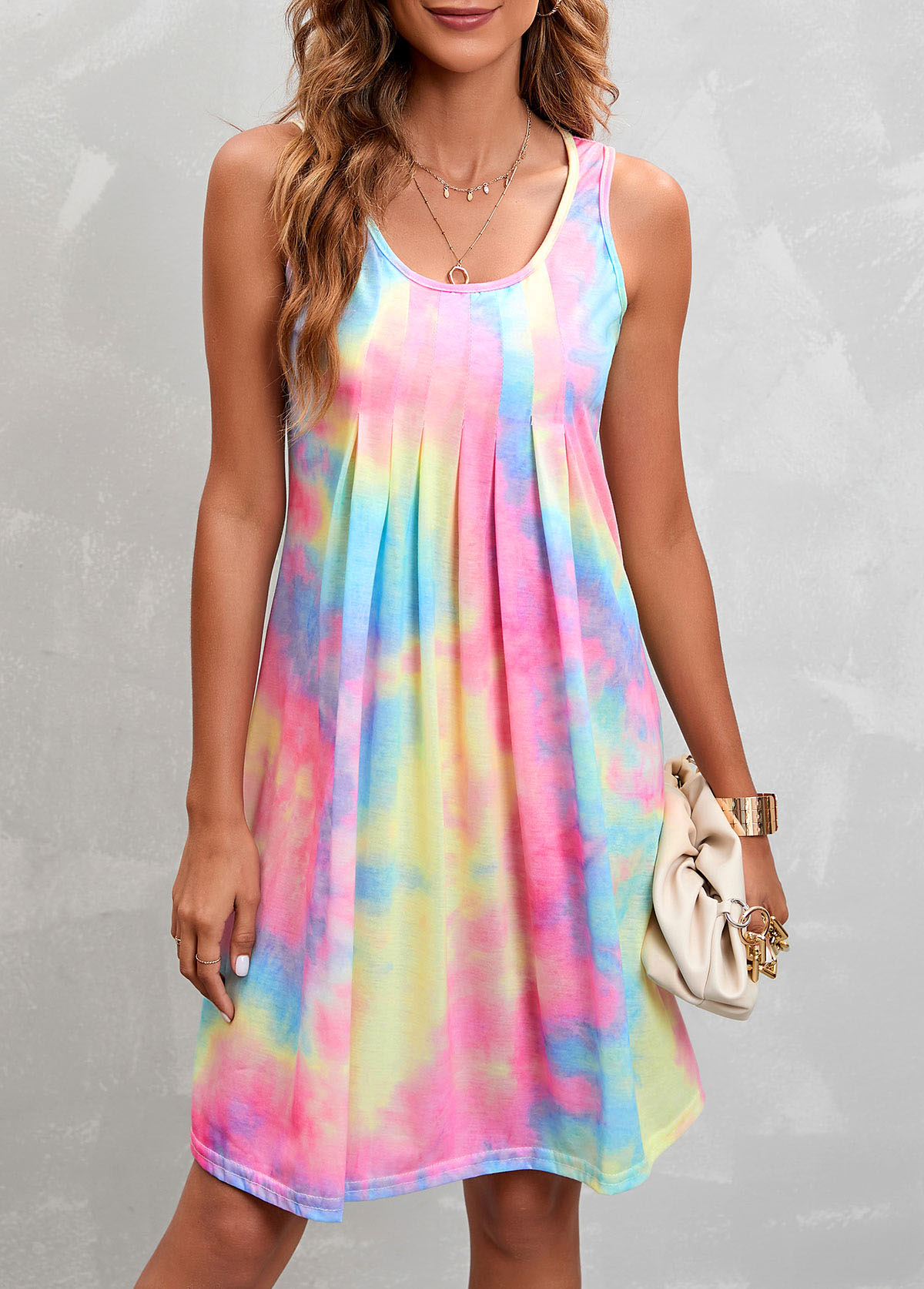 Sleeveless Multi Color Pleated Design Dress