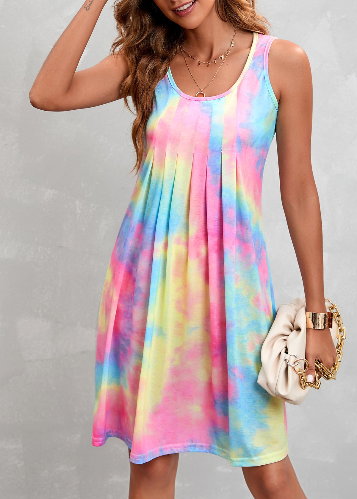 Sleeveless Multi Color Pleated Design Dress
