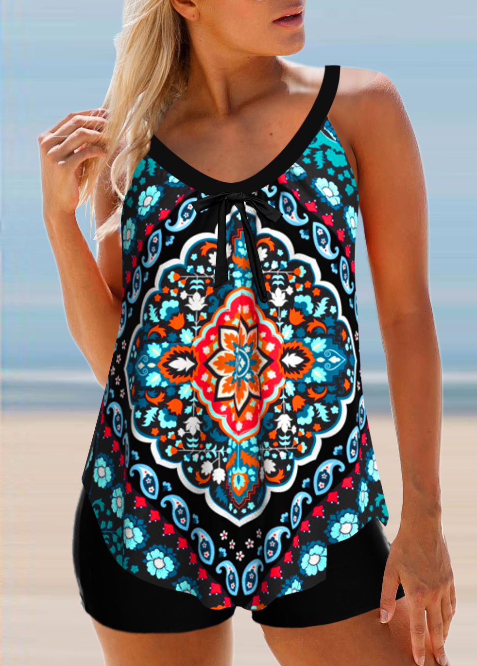 Tribal Print Multi Color Bowknot Tankini Top-No Bottom | linkimg