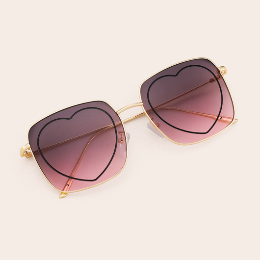 Purple Red Heart Print Metal Frame Sunglasses