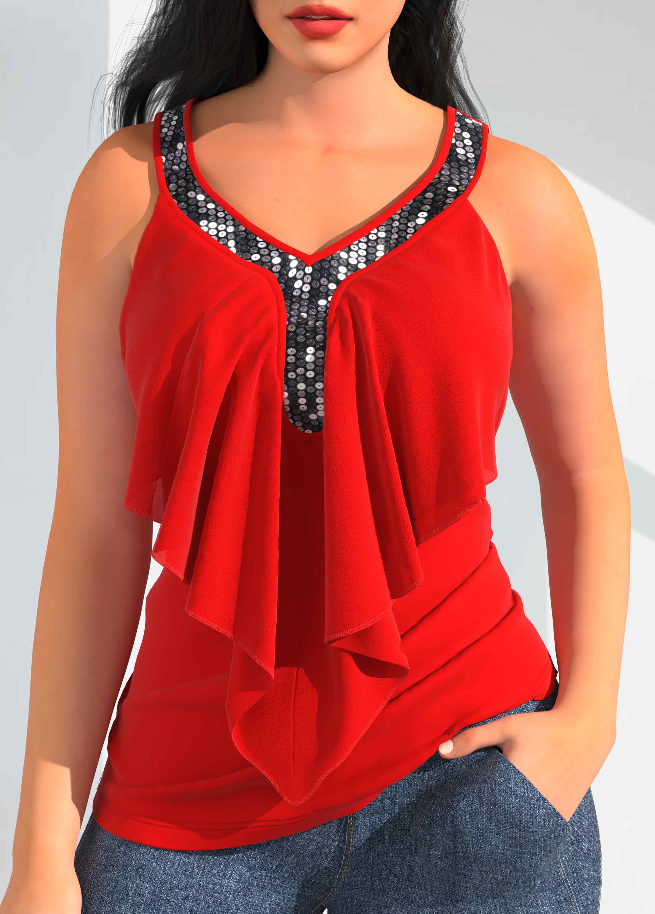 Sequin Detail Red Flounce Tank Top
