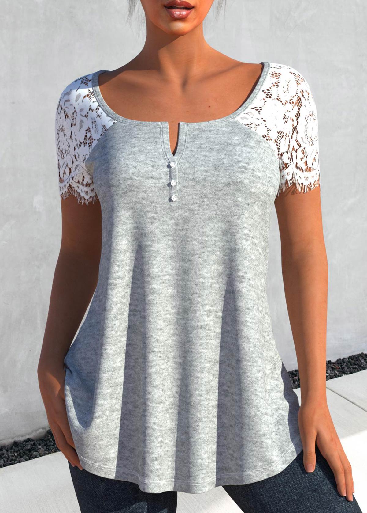 Grey Lace Patchwork Short Sleeve T Shirt