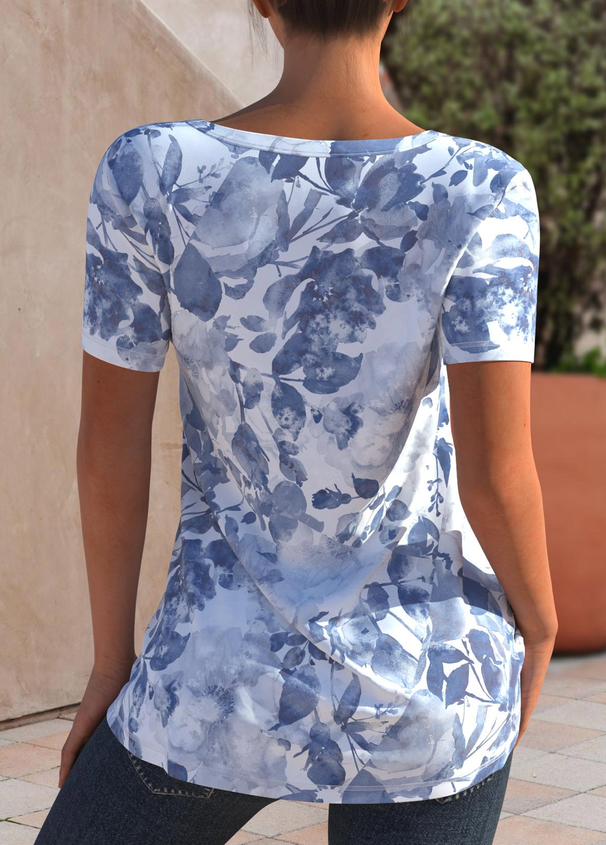 Floral Tie Dye Print Cutout Dusty Blue T Shirt