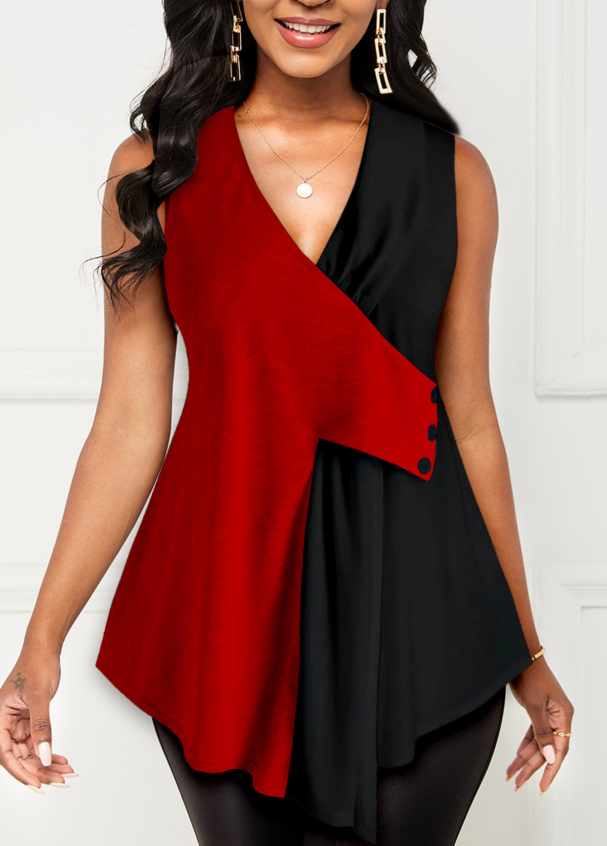 Red V Neck Contrast Tank Top