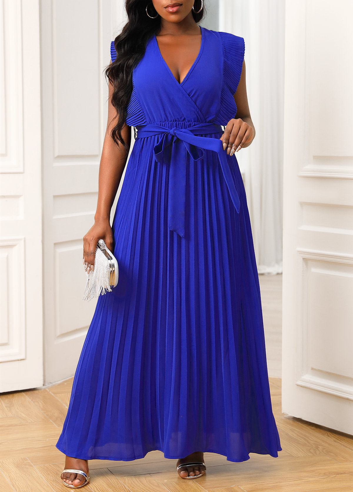 Belted Royal Blue Ruffle Sleeve Dress