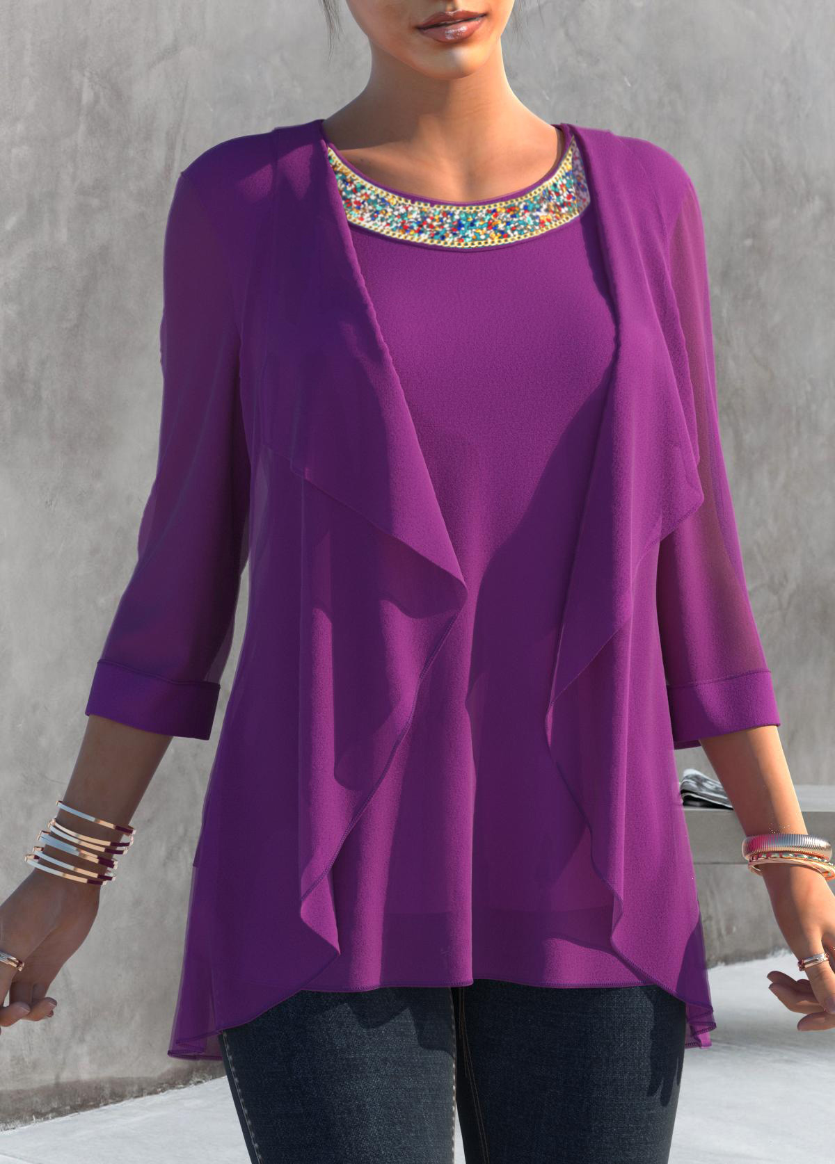 Purple Embellished Neck 3/4 Sleeve T Shirt