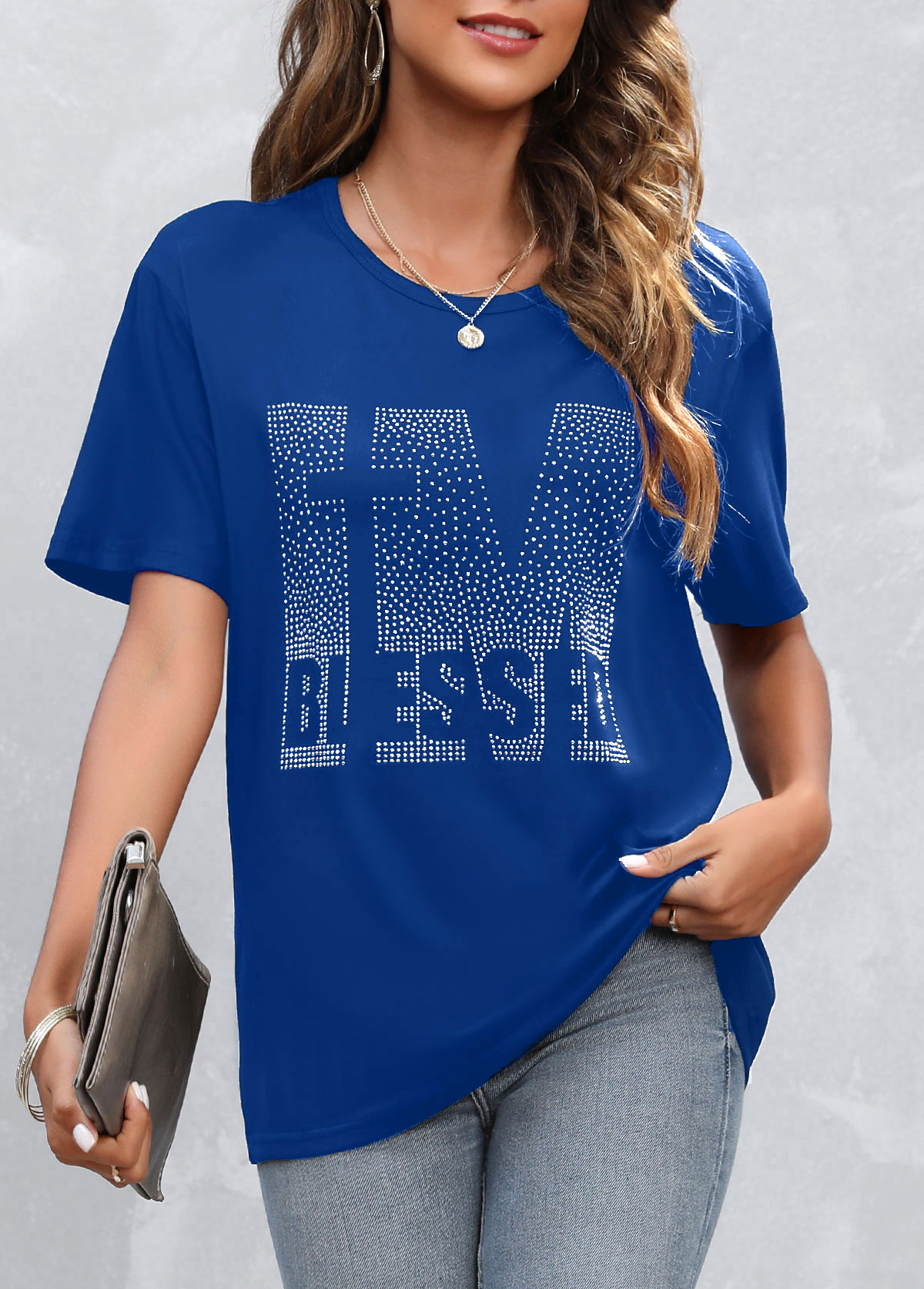 Hot Drilling Blue Round Neck T Shirt