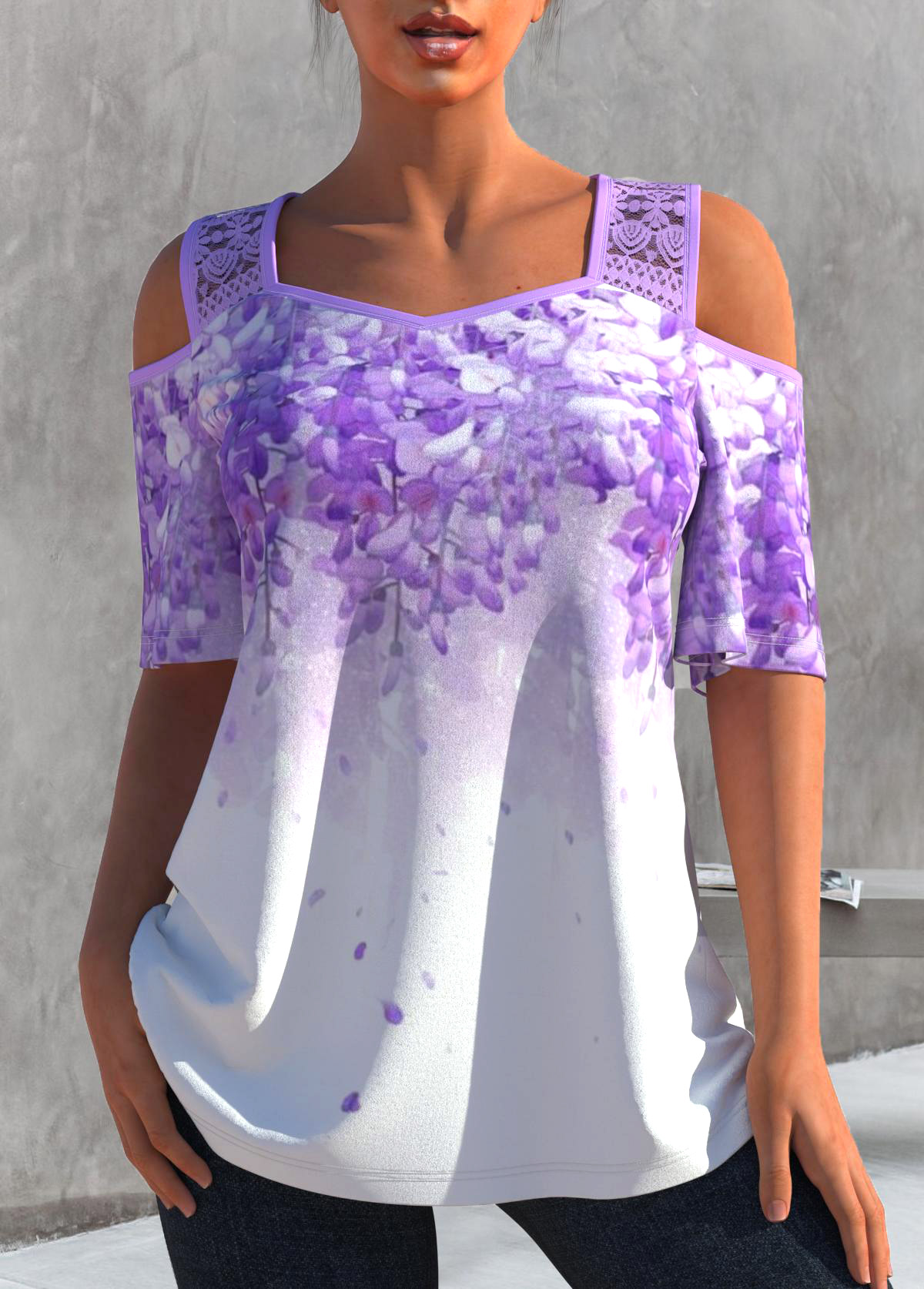 Light Purple Cold Shoulder Lace Stitching T Shirt