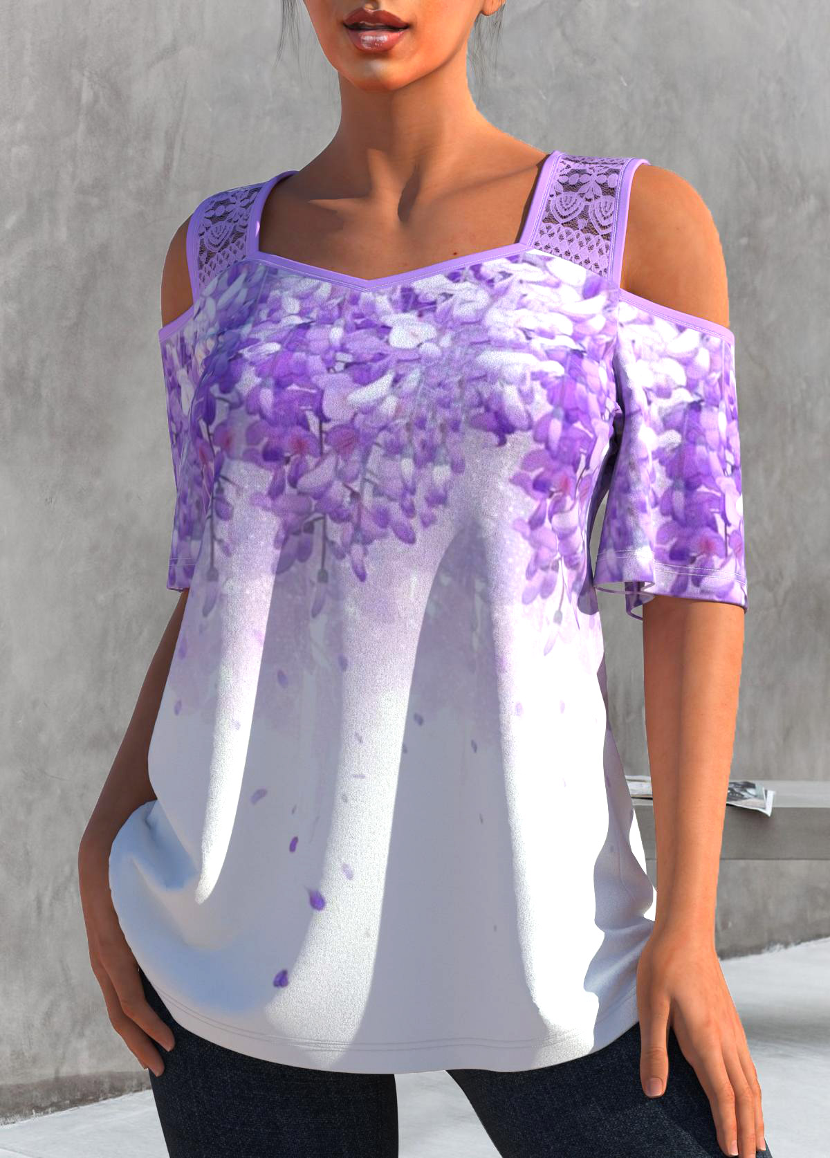 Light Purple Cold Shoulder Lace Stitching T Shirt