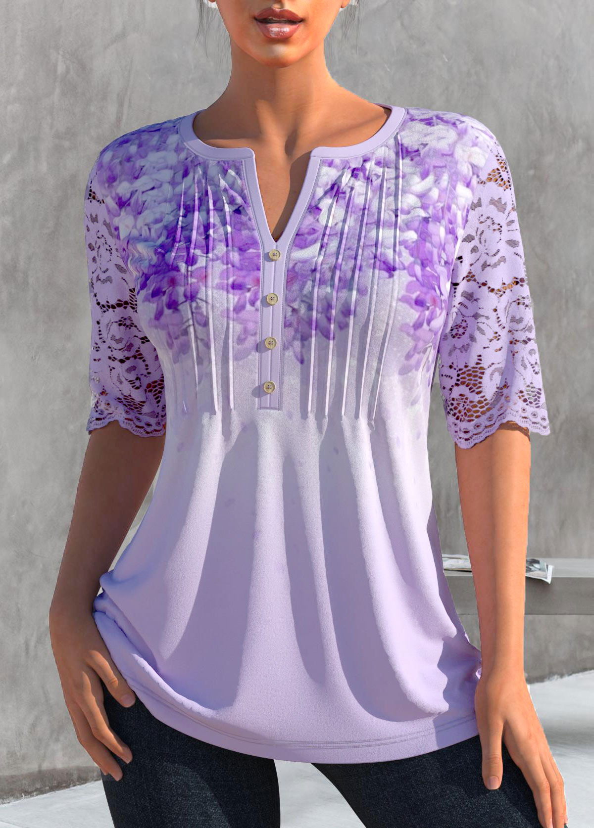Lace Stitching Split Neck Light Purple T Shirt