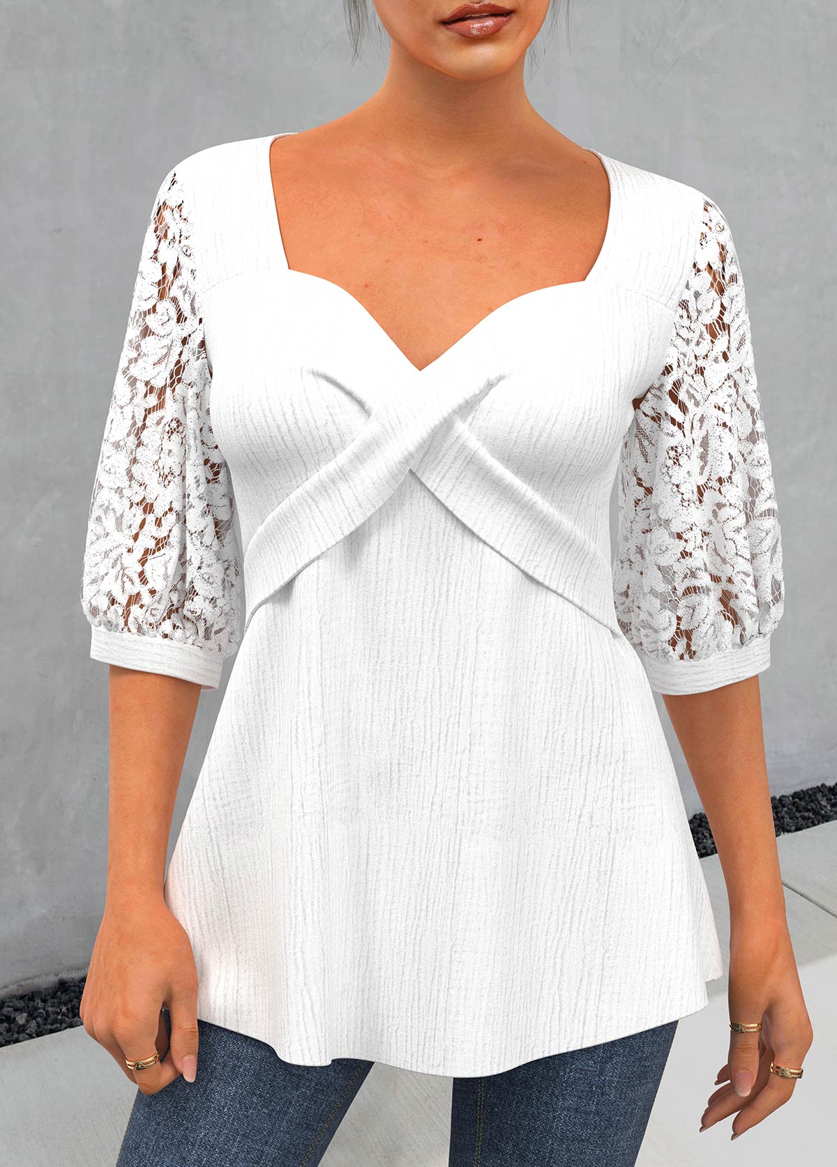 White Lace Patchwork 3/4 Sleeve Sweetheart Neckline Blouse